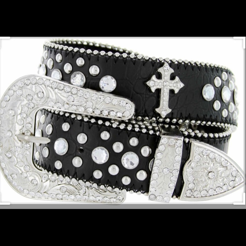 BHW Cross Rhinestone black leather western belt 2X